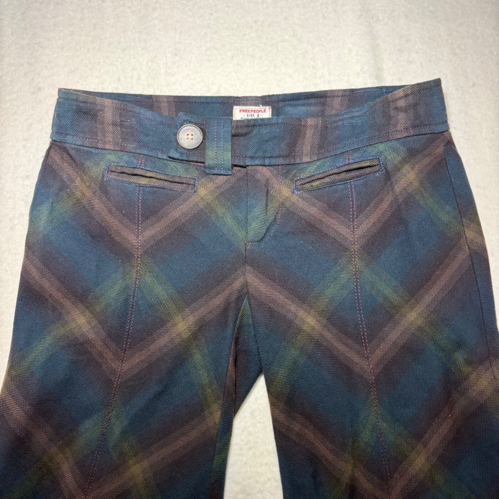 Free People Plaid Flare Pants Green Teal Purple Wide Leg Trouser Boho Size 2-70s - Picture 2 of 6